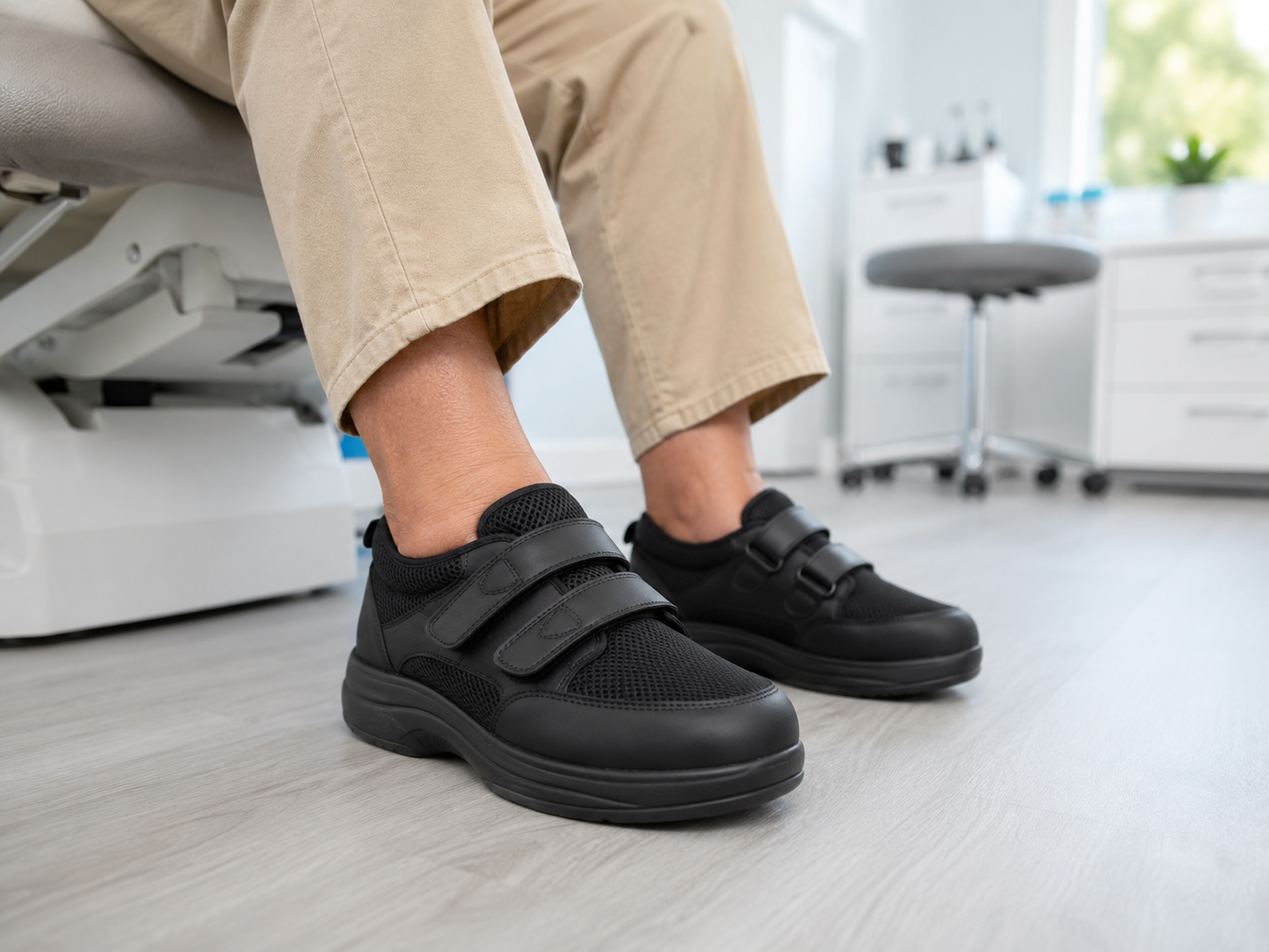 Patient wearing black therapeutic diabetic shoes
